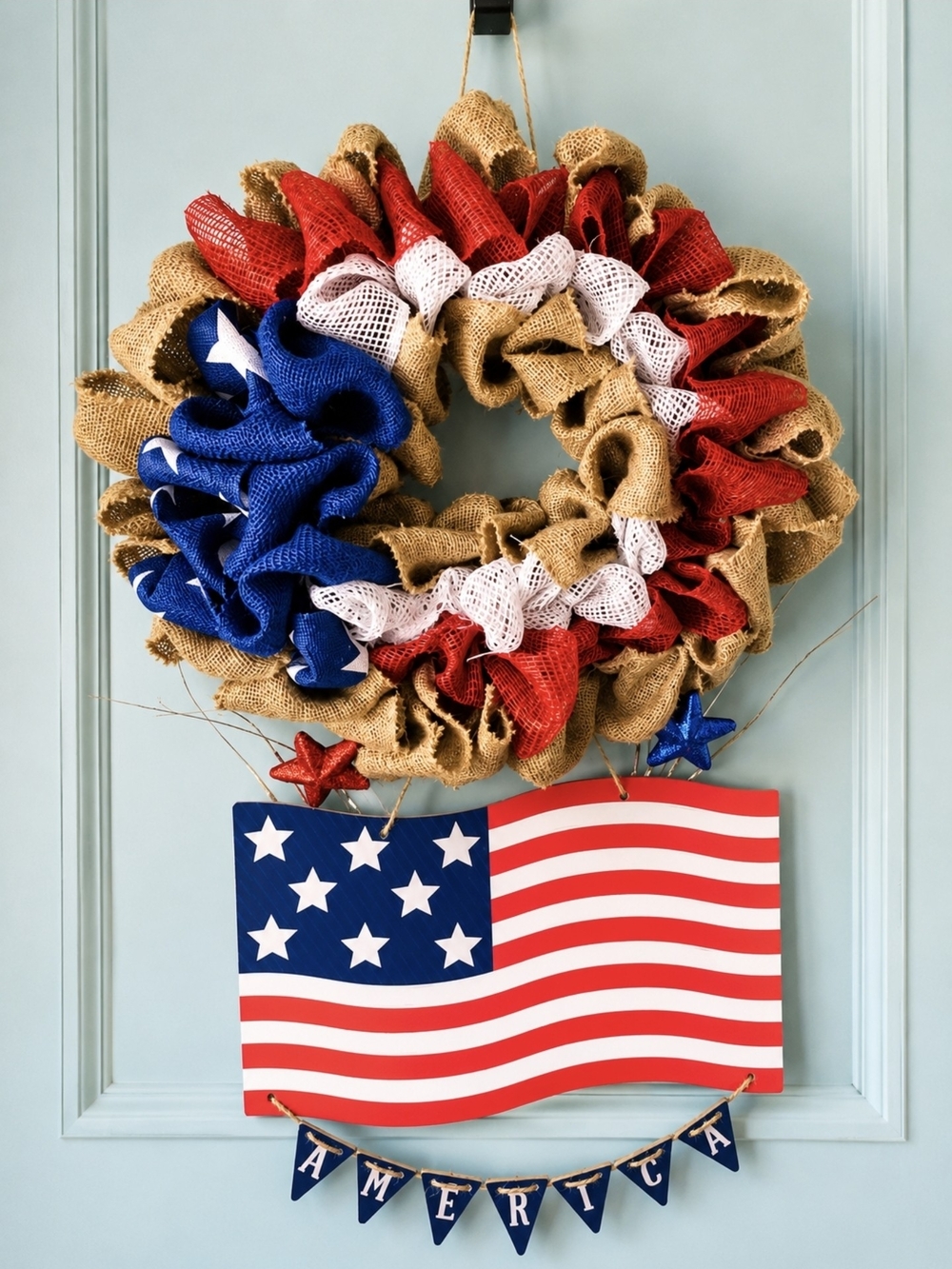 Patriotic Burlap Wreath with Flag and Banner - Red, White & Blue